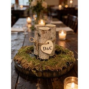 Handmade Rustic Birch Wood Slab Centerpiece with Moss and Custom Heart